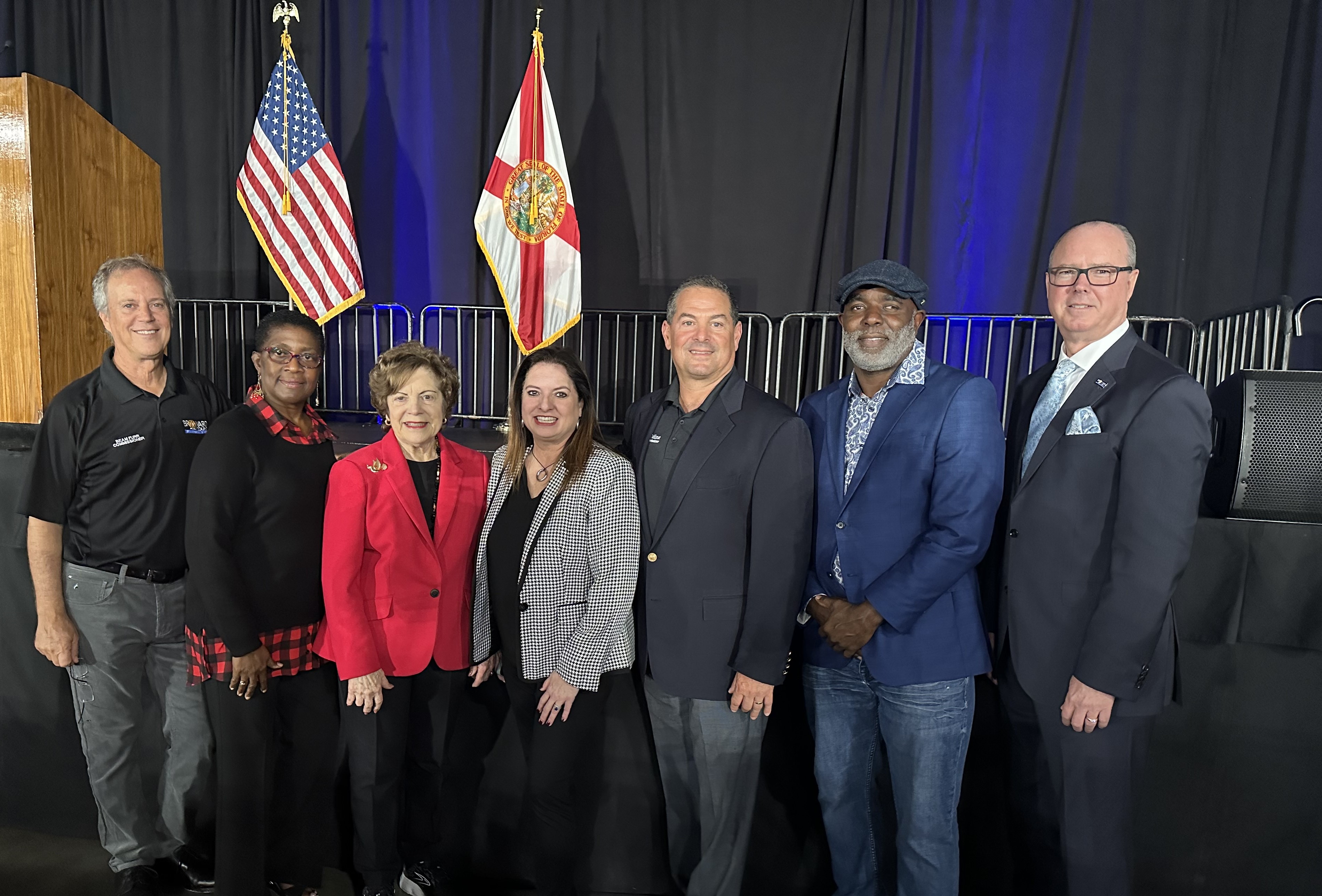 Broward Commissioners at celebration of the topping out of the Broward County Convention Center and new Omni Fort Lauderdale Hotel. Commissioners thanked workers who have completed the basic framework of the buildings, slated to open to the public in 2025. (Left to Right)Vice Mayor Beam Furr, Commissioner Hazelle Rogers, Mayor Nan Rich, County Administrator Monica Cepero, Commissioner Michael Udine, Commissioner Robert McKinzie, Commissioner Lamar P. Fisher