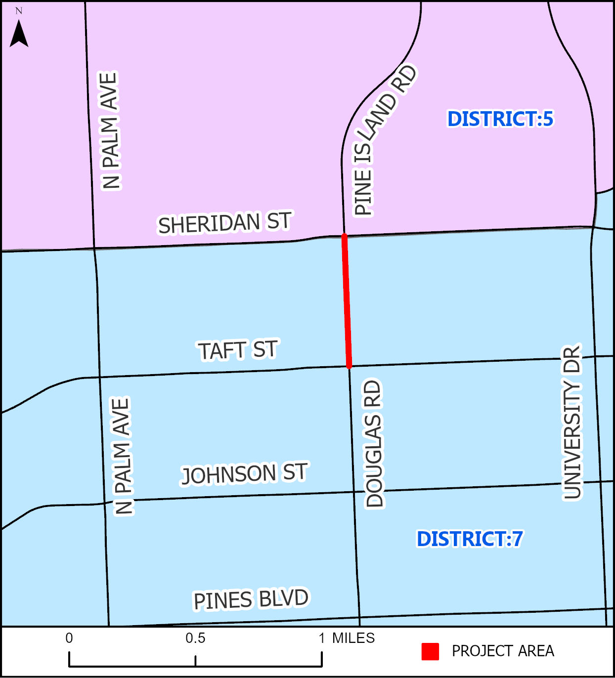 Map of project area for Douglas Road from Taft Street to Sheridan Street.