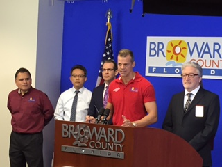 Pictured from left to right: Broward Emergency Management Director Miguel Ascarrunz, Mosquito Control Director Anh Ton, Hollywood Mayor Peter Bober, Broward Mayor Marty Kiar, Tamarac Mayor Harry Dressler 
