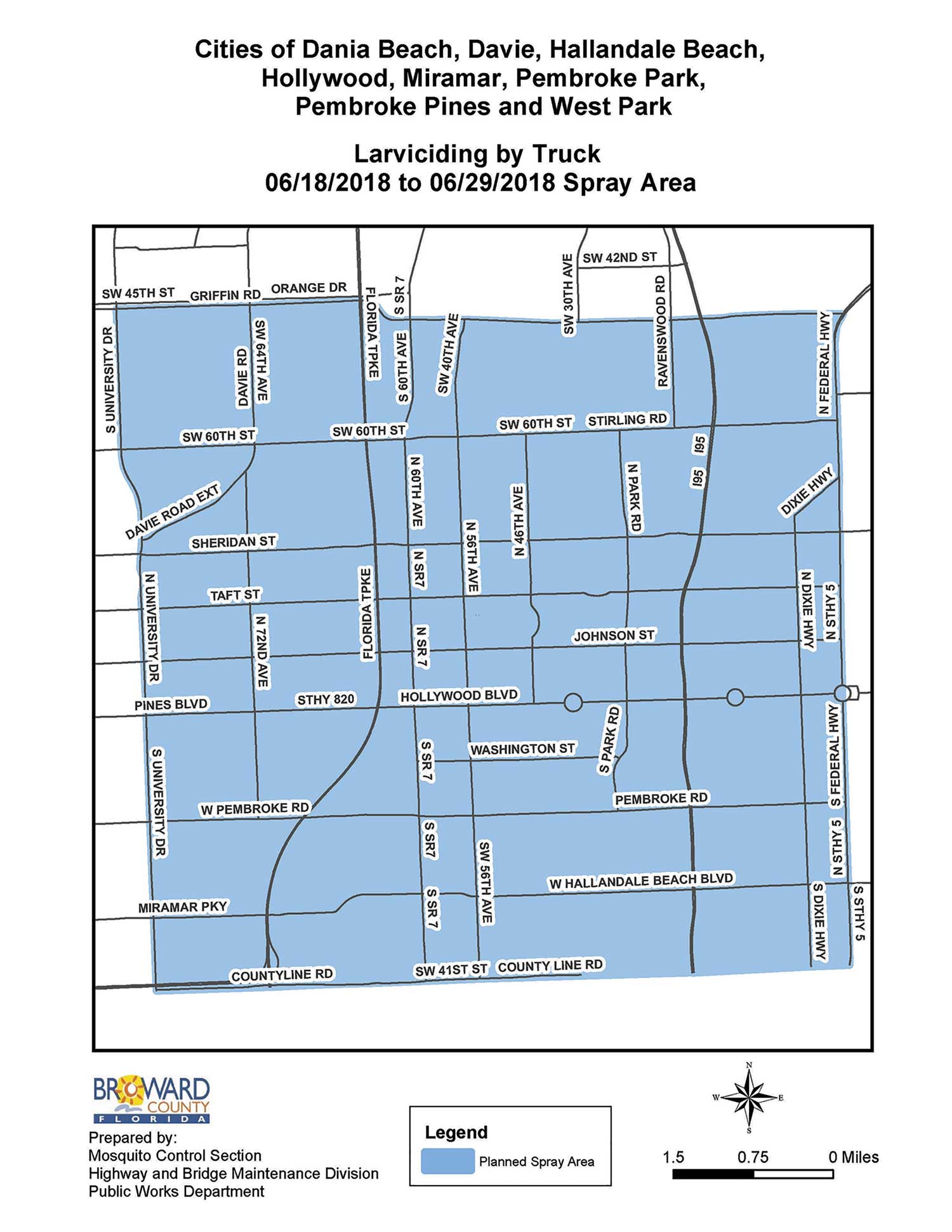 Truck larviciding map for several Broward cities showing expanded spray area.