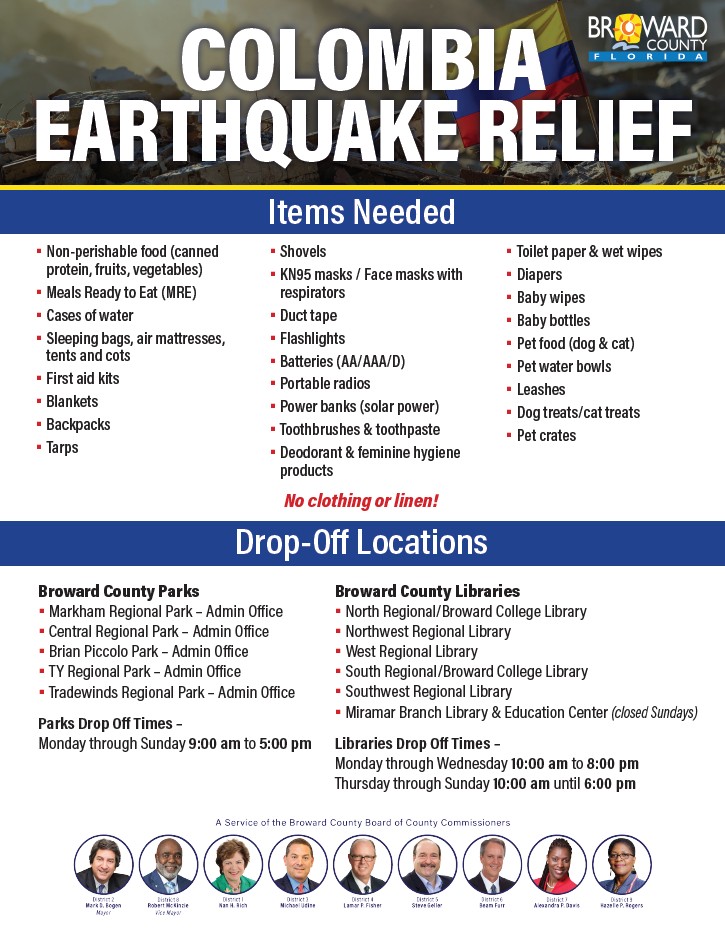 Flyer listing items needed, and drop off locations for, Colombia earthquake relief campaign.